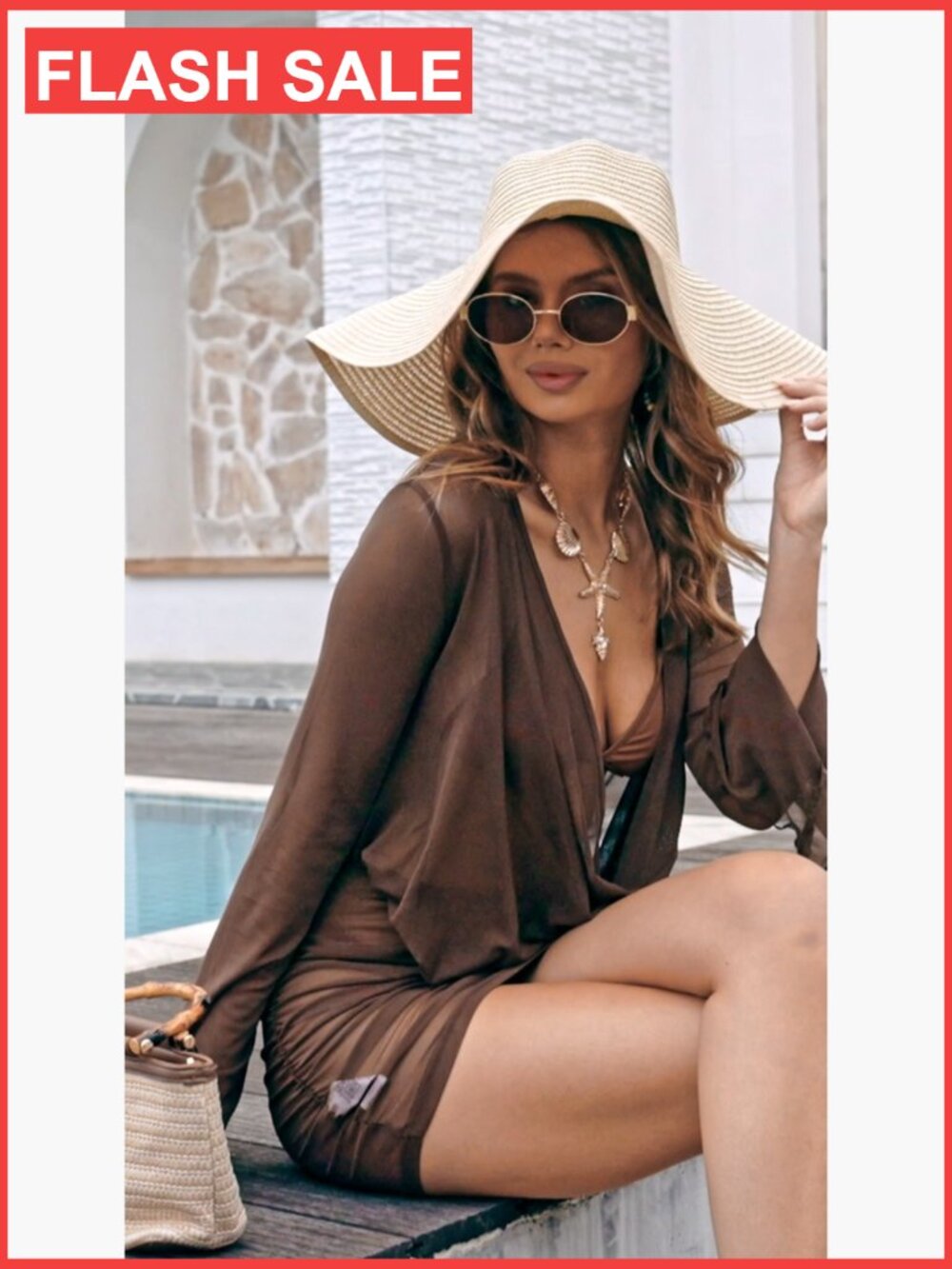 Sheer Mesh Beach Mini Dress Deep V Neck Bell Sleeve Swimsuit Cover Up - Picture 6 of 6